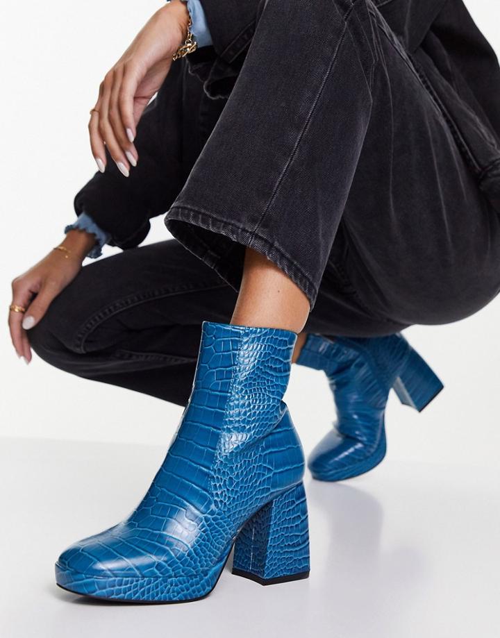 Asos Design Era High Heel Platforms Boots In Blue Croc-blues