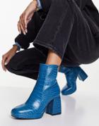 Asos Design Era High Heel Platforms Boots In Blue Croc-blues