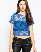 Ax Paris Cropped Top In Sheer Floral - Blue
