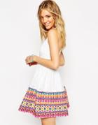 Asos Skater Dress With Geo-tribal Embroidered Hem - White