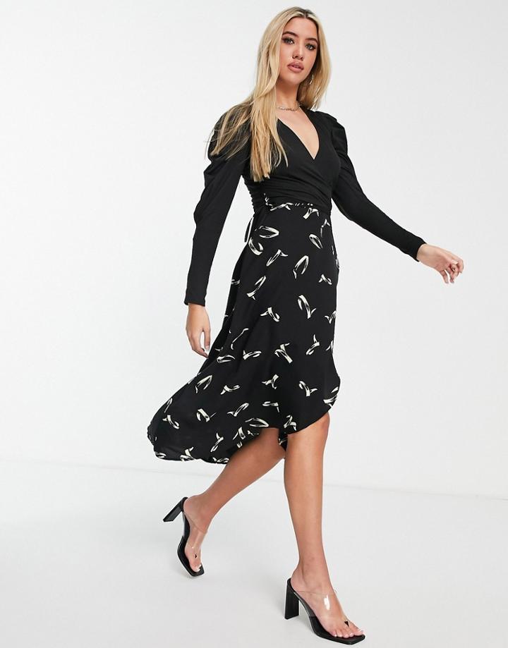 Ax Paris Midi Dress With Ruched Sleeves In Black Abstract Print