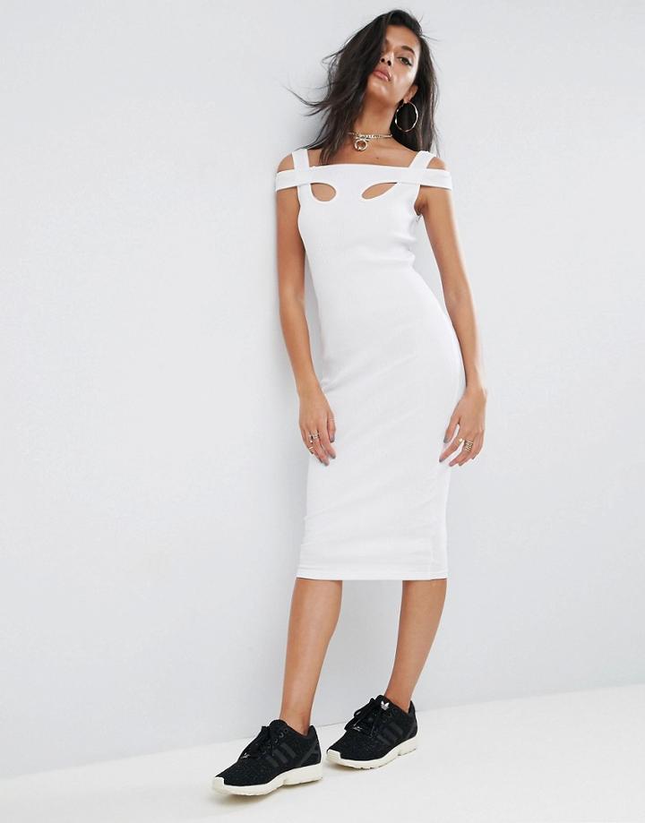 Asos Midi Strappy Bodycon Dress With Shoulder Detail In Rib - White