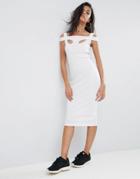 Asos Midi Strappy Bodycon Dress With Shoulder Detail In Rib - White
