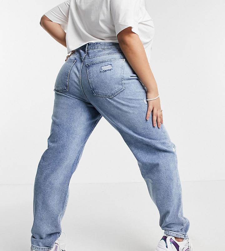 Urban Bliss Plus Ripped Mom Jean In Mid Wash-blues