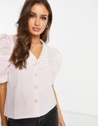 Unique21 Lace Collar Plunge Shirt In Pink-white