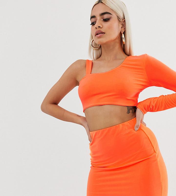 Fashionkilla Petite One Shoulder Long Sleeve Crop Top In Fluro Orange