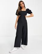 Asos Design Scallop Neck Jumpsuit With Puff Sleeve In Black