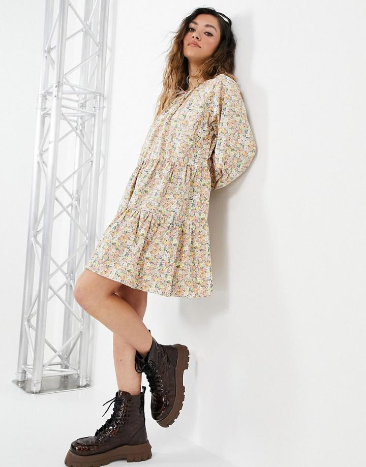 Only Smock Dress With Tiering And Tie Neck In Floral Print-multi