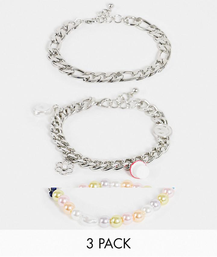 Asos Design 3 Pack Chain And Beaded Bracelets With Multicolor Faux Pearl And Joyful Charms In Silver Tone