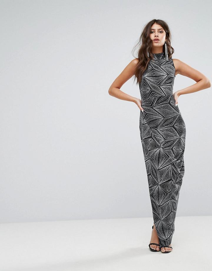 Club L High Neck Drape Dress In All Over Glitter - Black