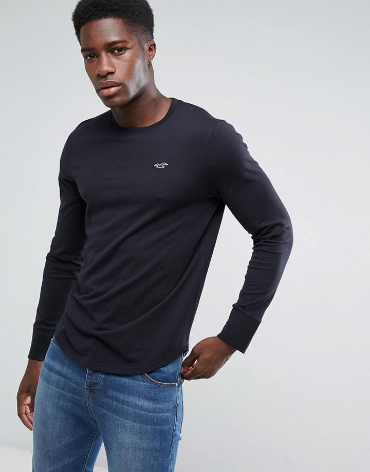 Hollister Long Sleeve Top Crew Icon Logo Slim Fit In Black - Black