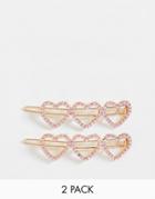 Asos Design Pack Of 2 Hair Clips In Crystal Heart Design In Gold Tone