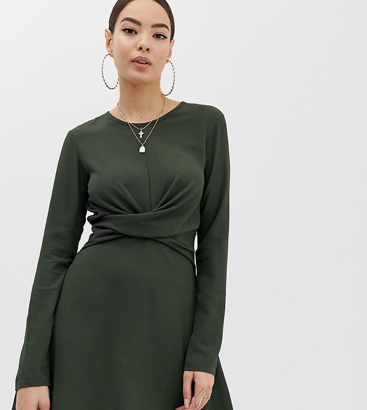 Boohoo Twist Wrap Skater Dress In Green - Green