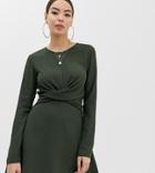 Boohoo Twist Wrap Skater Dress In Green - Green