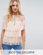 Asos Tall Lace Ruffle Top With Zip Front Detail - Pink