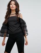 Prettylittlething Organza Frill Sleeve Blouse With Mesh Insert - Black