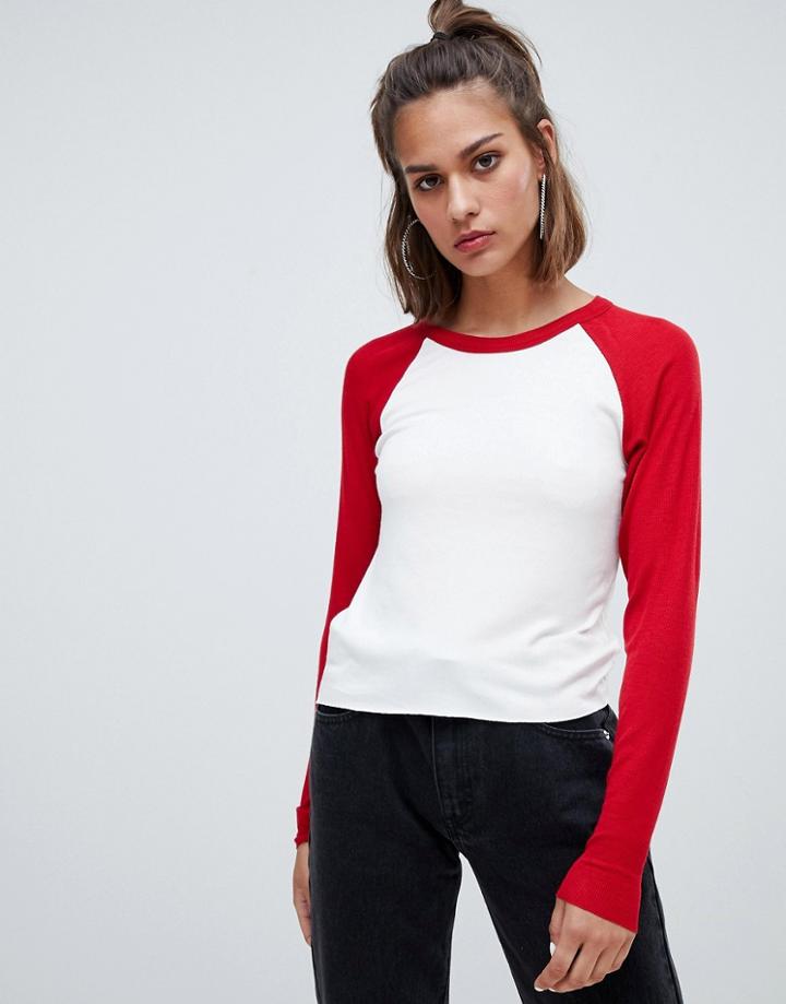 Pull & Bear Long Sleeved Ribbed Raglan Top - Red