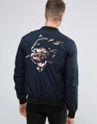 Religion Souvenir Bomber Jacket With Tiger Back Embroidery - Navy