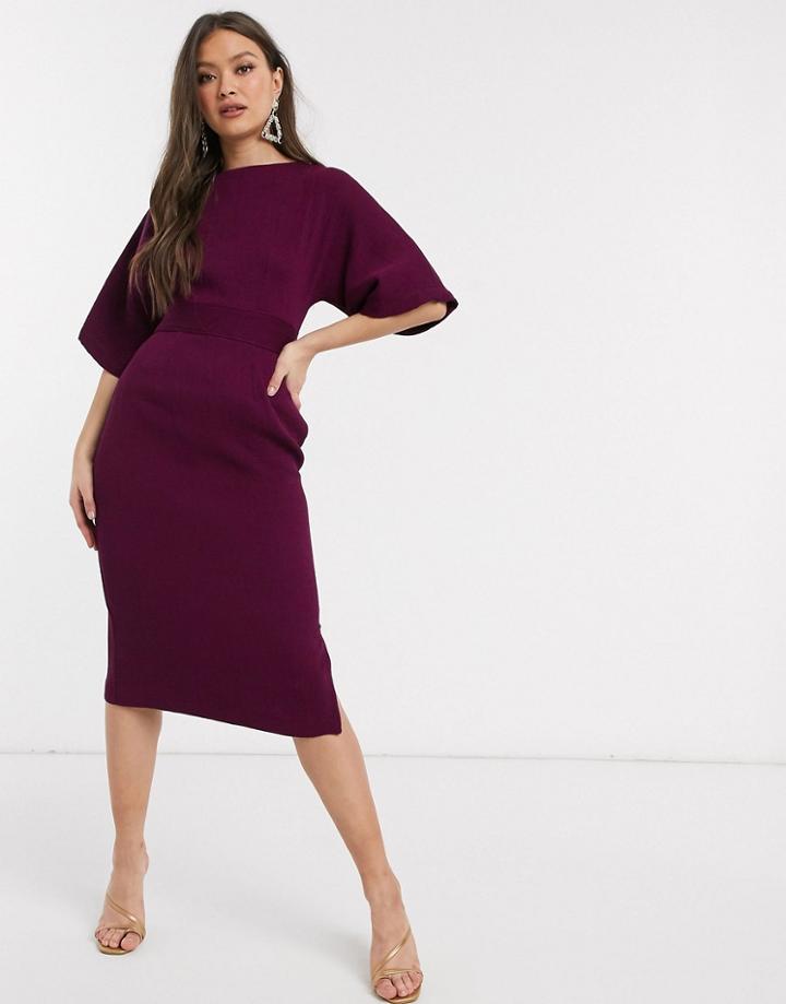 Closet London Ribbed Pencil Dress With Tie Belt In Plum-purple