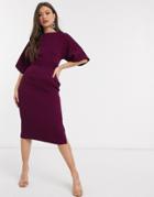 Closet London Ribbed Pencil Dress With Tie Belt In Plum-purple