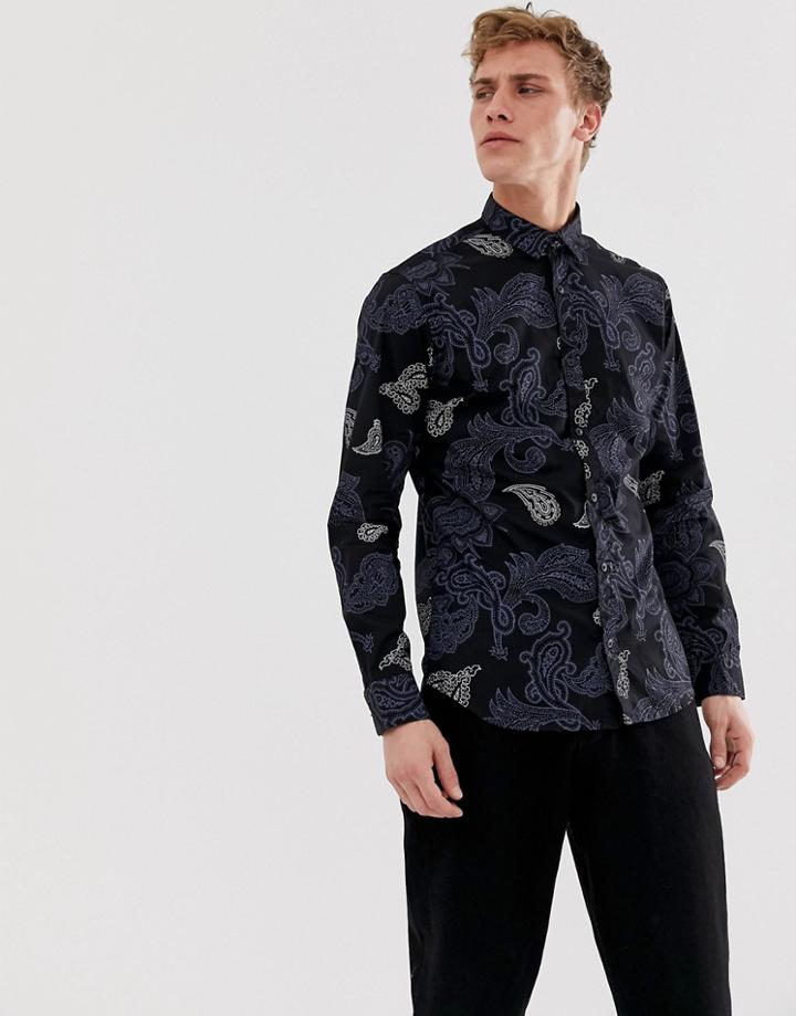 Jack & Jones Premium Poplin Shirt In Paisley Print - Navy