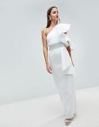 Asos Red Carpet Scuba One Shoulder Ruffle Maxi Dress With Detachable Rhinestone Belt - White