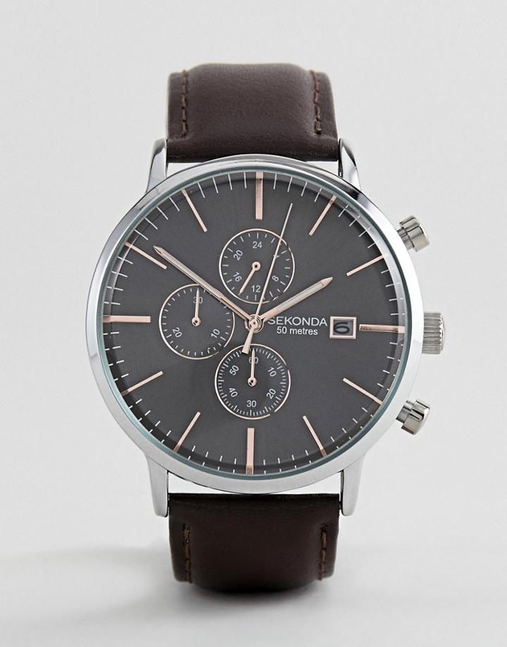 Sekonda Chronograph Leather Watch In Brown Exclusive To Asos - Brown