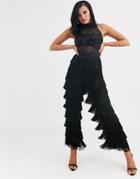 Opulence England Premium Party Sheer Sequin & Fringe Jumpsuit In Black