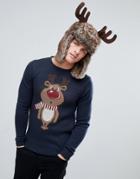 Solid Holidays Sweater In Wool With Reindeer - Navy