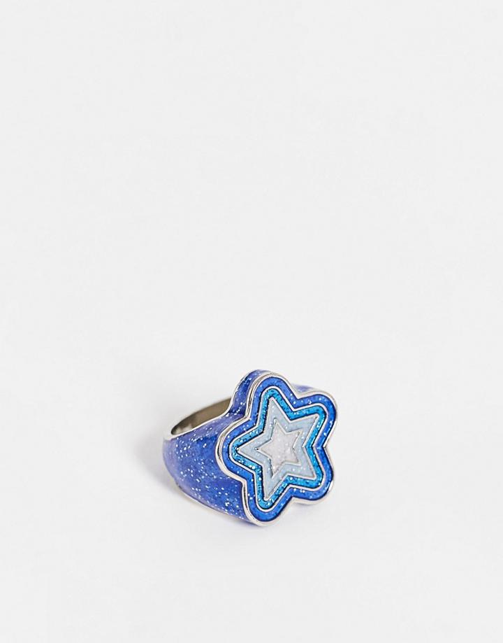 Asos Design Star Ring In Silver Tone And Blue Enamel-blues