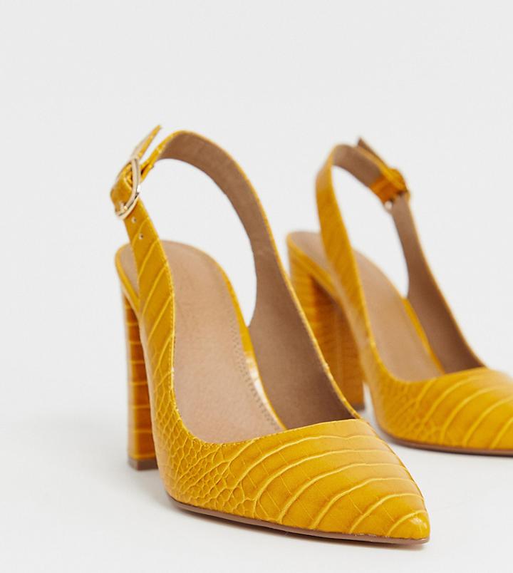 Asos Design Wide Fit Penley Slingback High Heels In Croc Print - Yellow