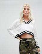 Daisy Street Cropped Sweatshirt With Stripe Tipping - White