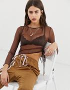 Zya Sheer Long Sleeved Top With Ruched Sides - Brown