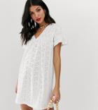 Asos Design Tall Reversible Frill Sleeve Broderie Smock Dress-white