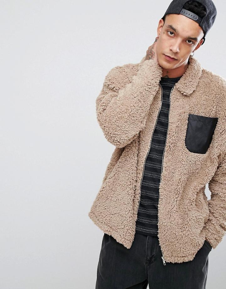 Asos Oversized Harrington Jacket In Borg With Woven Pocket - Beige
