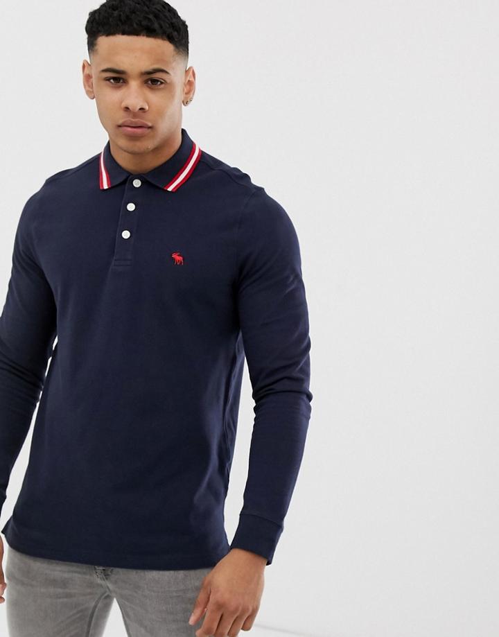 Abercrombie & Fitch Icon Logo Tipped Long Sleeve Polo In Navy - Navy