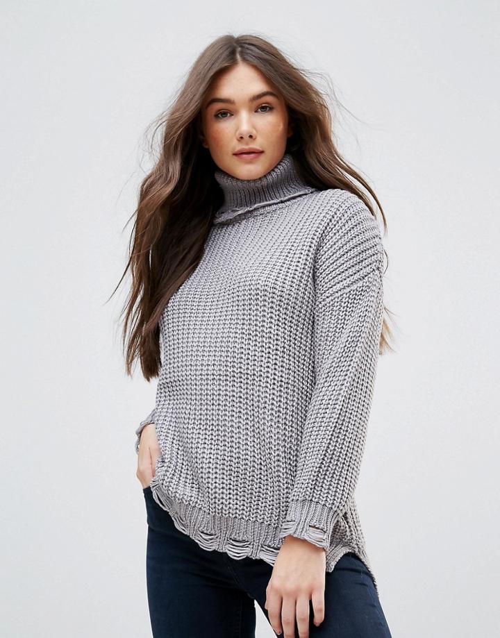 Wild Flower Roll Neck Sweater With Distressed Hem - Gray