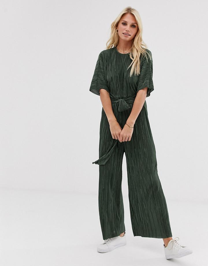 Asos Design Plisse Tie Front Culotte Jumpsuit-green