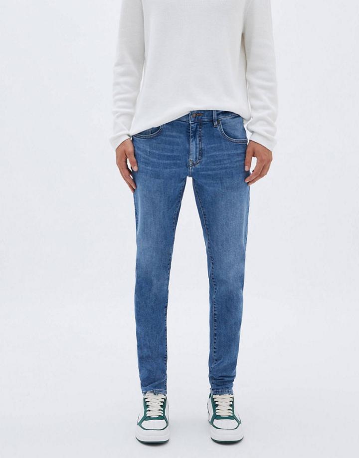Pull & Bear Skinny Jeans In Mid Blue-blues