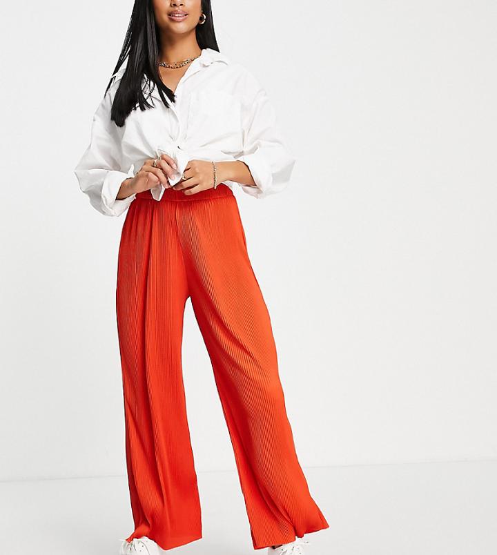 Asos Design Petite Plisse Wide Leg Pants In Chilli Red