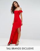 Missguided Tall Bardot Cap Sleeve Ruffle Split Maxi Dress - Red