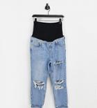 Topshop Maternity Bleach Ripped Mom Jeans-blues