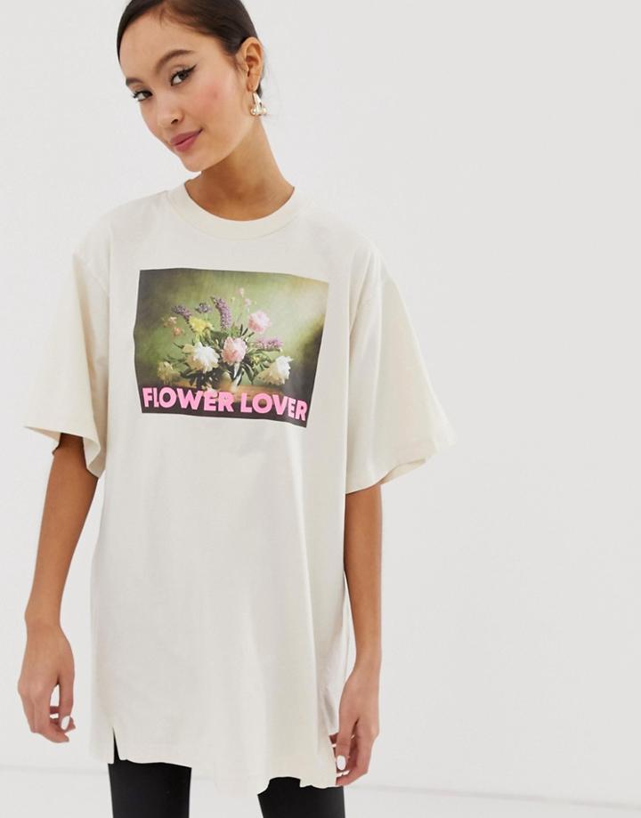 Monki Flower Lover Oversized Organic Cotton T-shirt In Beige - Beige