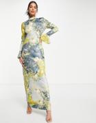 Asos Design Satin Maxi Dress In Vintage Patchwork Floral With Flared Cuff-multi