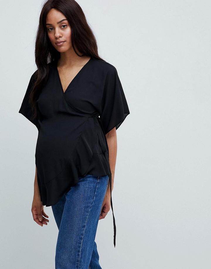 Asos Design Maternity Wrap Top With Kimono Sleeve - Black