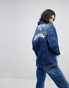 Kubban Zip Front Denim Jacket With No Apologies Back Patch - Blue