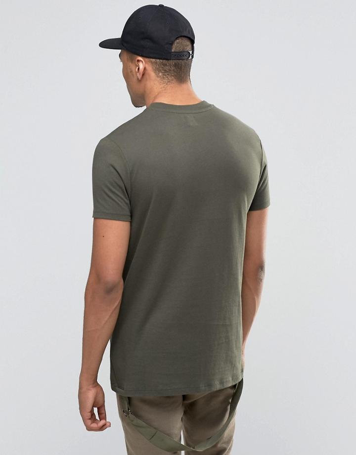 Asos Longline T-shirt With Wide Neck Trim And Military D Ring In Khaki - Forest Night