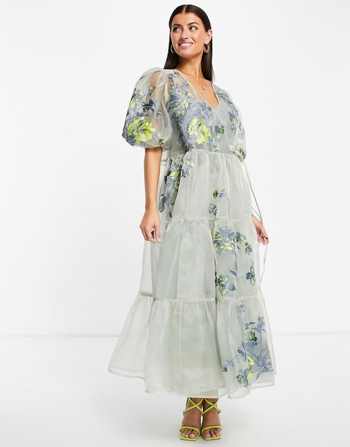 Asos Edition Tiered Wrap Dress In Embroidered Organza-grey
