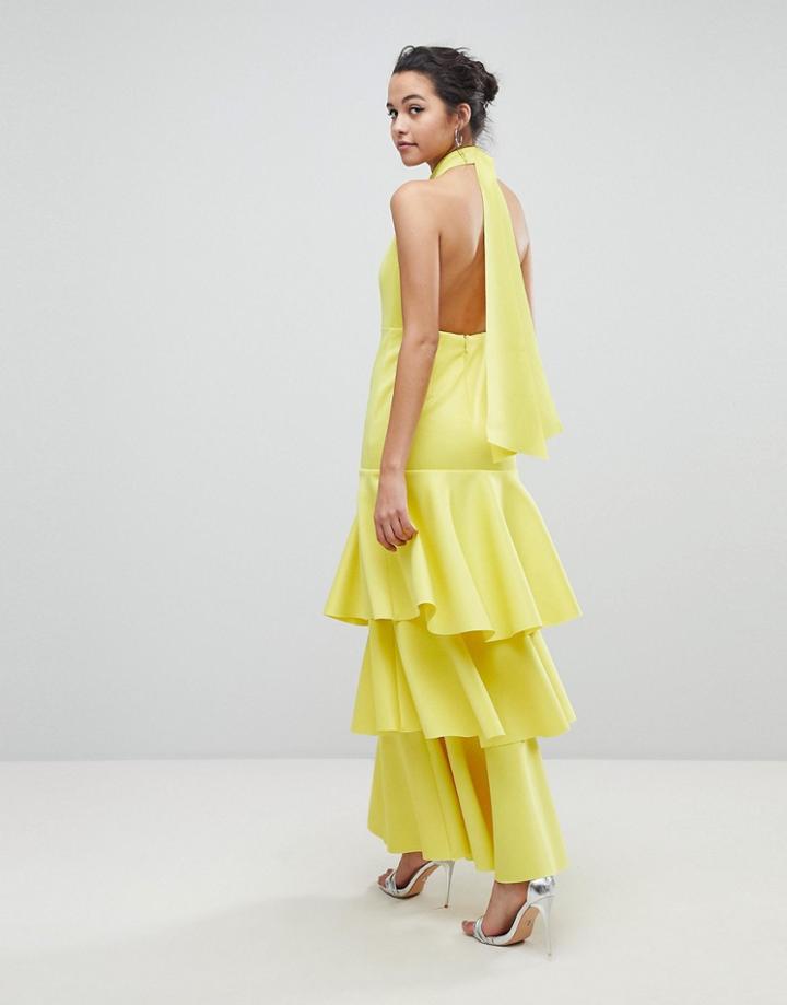 Asos Halter Neck Tiered Bow Back Maxi Dress - Yellow