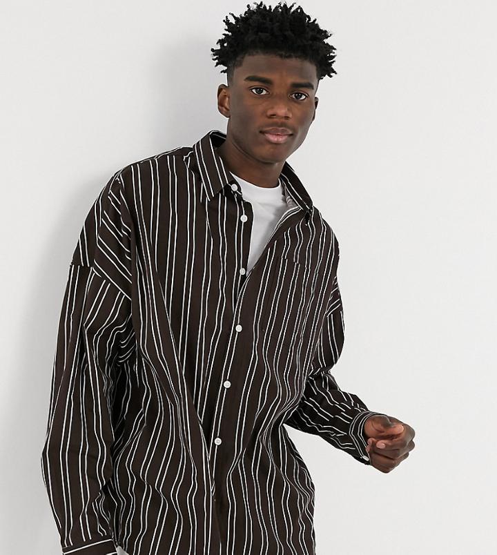 Collusion Drop Shoulder Oversized Poplin Shirt In Brown Stripe